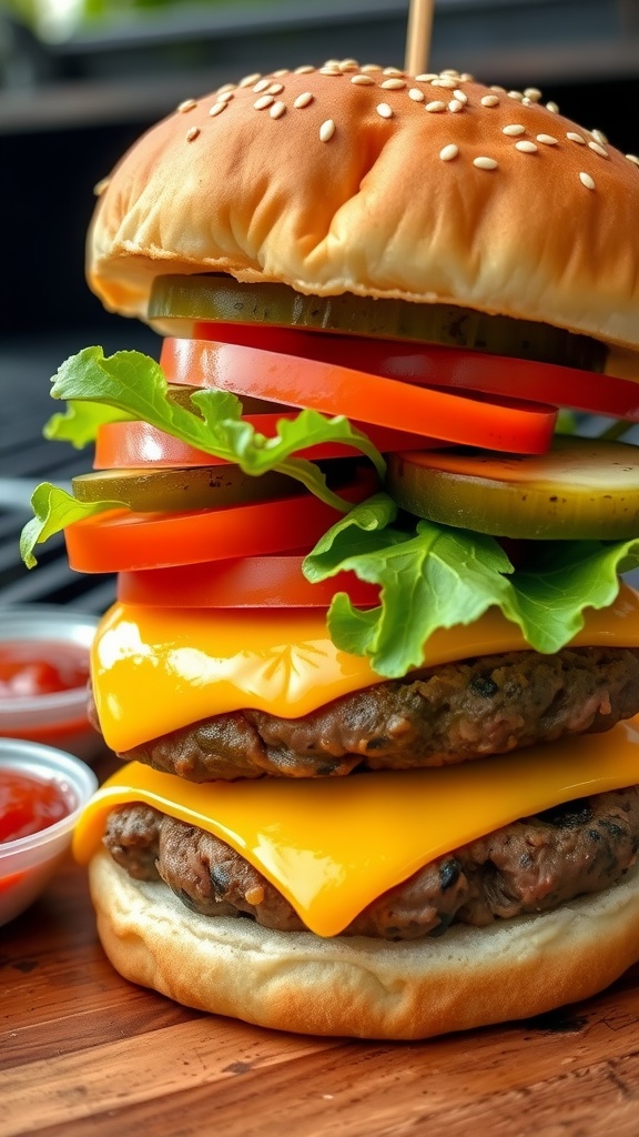 A delicious beef burger with lettuce, tomato, and cheese on a toasted bun, ready to be enjoyed.